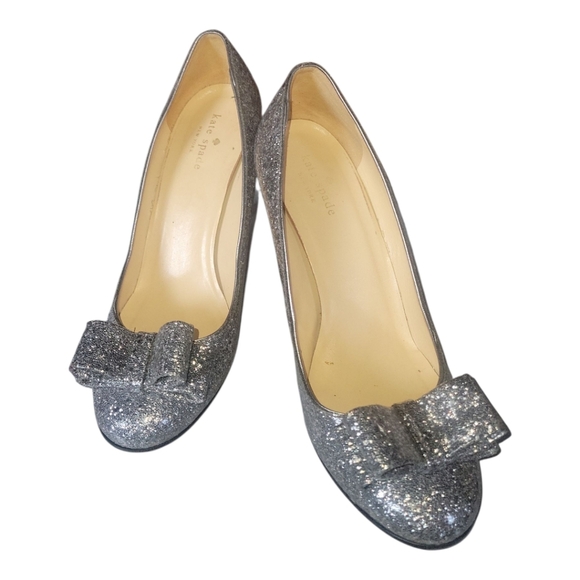 Kate Spade NY Women's Silver Glitter Leather Krysta Bow Pumps Sz 9 1/2B - Picture 1 of 11